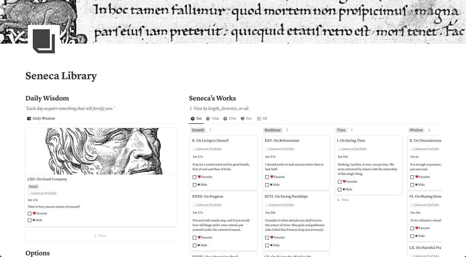 Screenshot of the Seneca Library template, showing Daily Wisdom section and the full list of Seneca's works