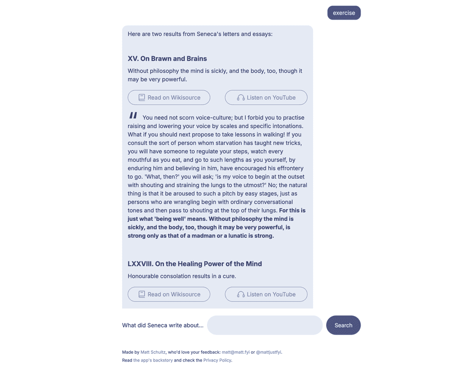 Screenshot of Search Seneca, where the user has input 'exercise' and the results are two letters by Seneca, each with quotes and links to Wikisource to read, and YouTube to listen