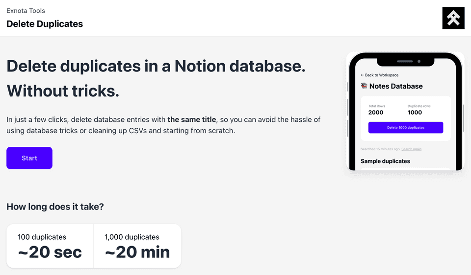 Screenshot of the Delete Duplicates in Notion databases tool"